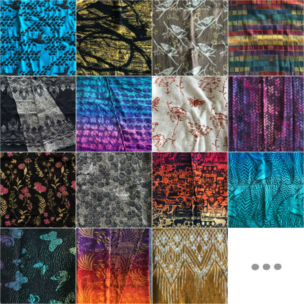 Patchwork of various multicolored babywearing wrap fabrics